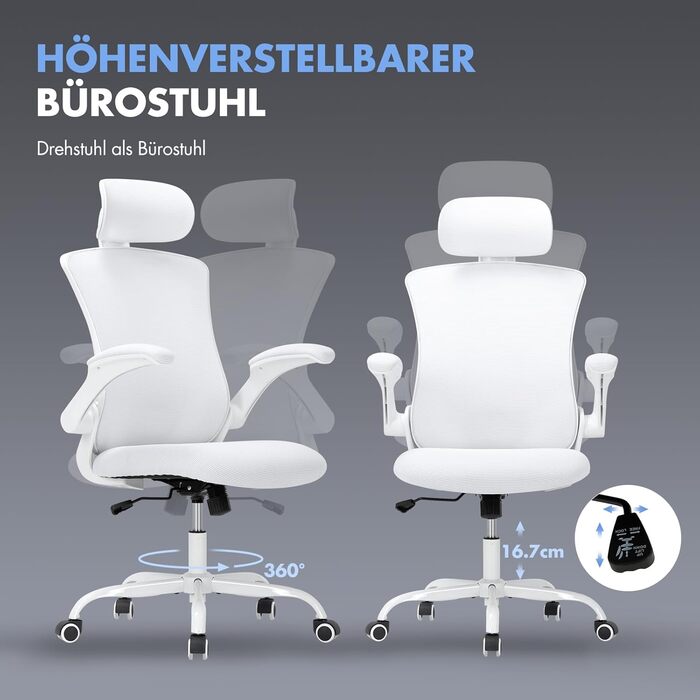 Офісне крісло COLAMY Mesh, комп&39ютерне крісло з регульованим підголівником та поперековою опорою, ергономічне робоче крісло з відкидними підлокітниками, функція нахилу 140, білий класичний колір