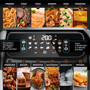 Аерофритюрниця XXL зі світлодіодним сенсорним екраном - 12 літрів - Гриль - Дегідратор - Духовка - Аерофритюрниця - Сенсорний екран - Easy&Clean - Фритюрниця без олії - Конвекція - Піца Курка Фрі - Без BPA A 12 літрів