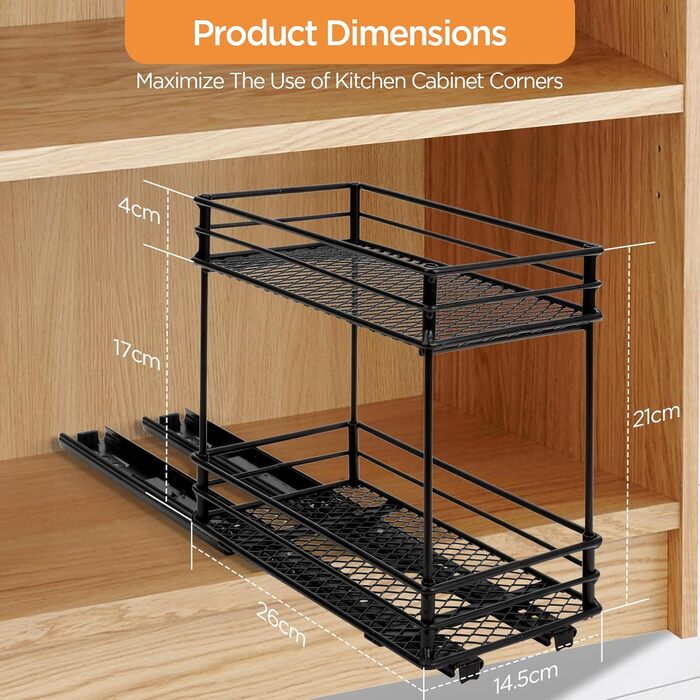 Розсувна підставка для спецій VINATO з 2 ярусами Кухонний органайзер з роликовими рейками, підставка для спецій для шафи, підставка для спецій без свердління (26x15x21,8 см) 26*15*21,8 см