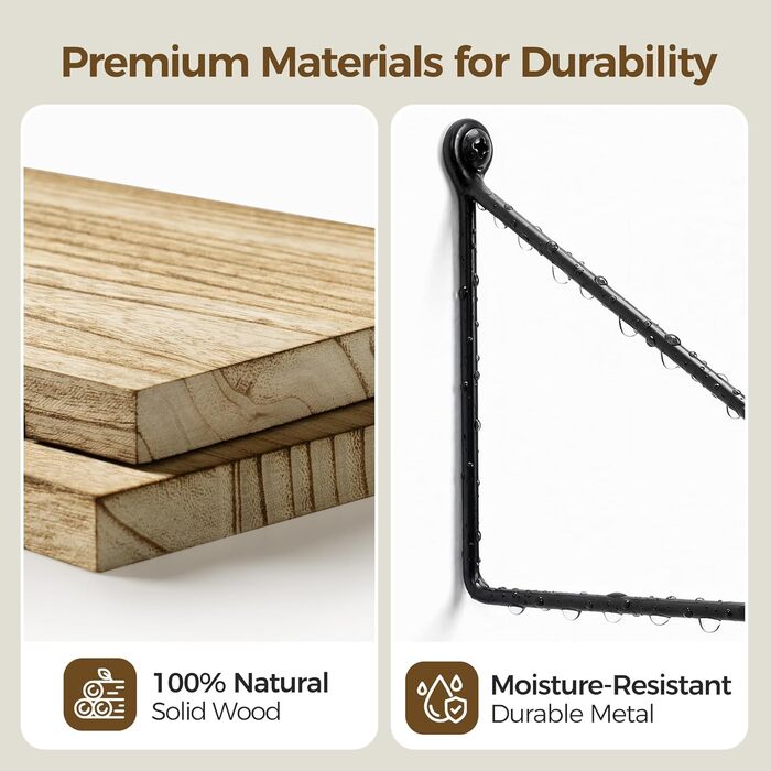 Настінна полиця Afuly, дерево, чорний метал, сільські полиці для стін, натуральний колір, ванна кімната, дитяча кімната, кухня, вітальня, комплект з 2 шт. , коричневий, 1,5 м завглибшки x 4,8 м завширшки