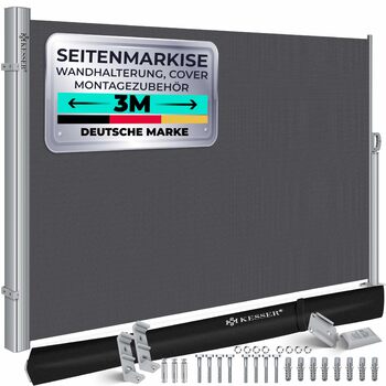 Алюмінієва бічна маркіза KESSER, розсувна та непрозора, 300 x 180 см Захист від вітру та приватності в саду з автоматичним механізмом згортання для балкона та патіо Бічна штора, включаючи дощовик з настінним кріпленням, темно-сіра, 300 x 180 см