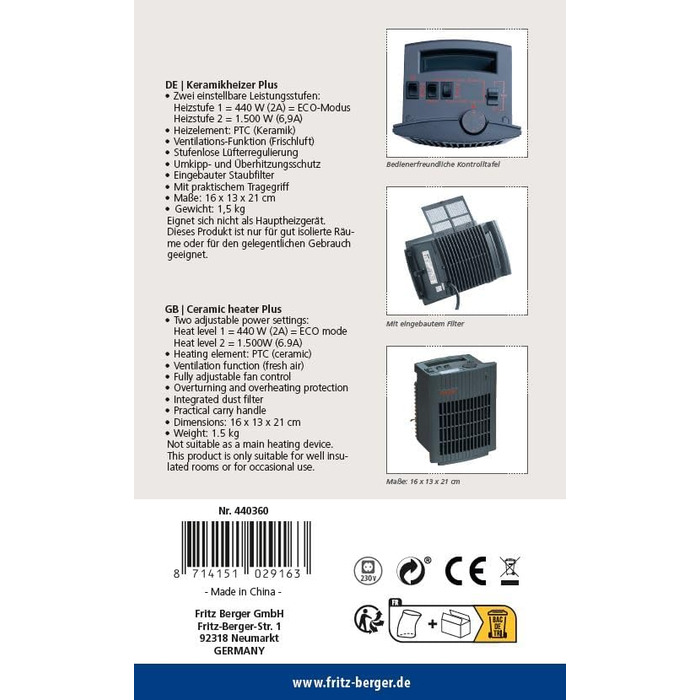 Керамічний вентилятор-обігрівач BERGER, макс. 1500 Вт Тихий портативний обігрівач для кемпінгу, майстерні, офісу, ванної кімнати Невеликий вентилятор-обігрівач з 2 рівнями потужності Енергозберігаючий та безпечний