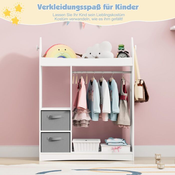 Дитяча шафа, дитяча вішалка для одягу з коробками, вішалка для одягу, дзеркало та полиці, дерев&39яна дитяча шафа, дитяча полиця 81 x 28 x 106,5 см (ракета з 2 шухлядами, біла) Біла ракета з 2 шухлядами