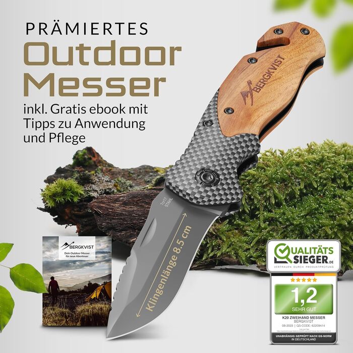 Складаний ніж BERGKVIST K20 (дворучний) з дерев'яним руків'ям та титаном - носіння дозволено - кишеньковий ніж 3-в-1 зі склом, різ
