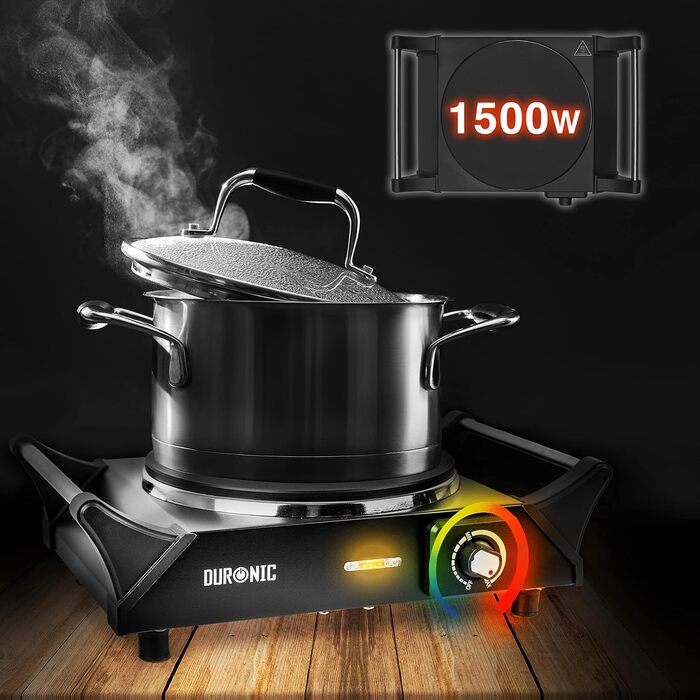 Електрична кемпінгова плита Duronic HP1 BK, 1500 Вт, портативна, виготовлена зі сталі з 1 електричною чавунною плитою, ручки для перенесення, регульована температура, зовнішня варильна поверхня