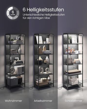 Рівнева книжкова полиця VASAGLE, окремостояча полиця з регульованим світлодіодним освітленням, сталевий каркас, 30,3 x 60 x 178,6 см, для вітальні, спальні, кабінету, чорний колір Ebony Black LLS120B57 60B см, 6-