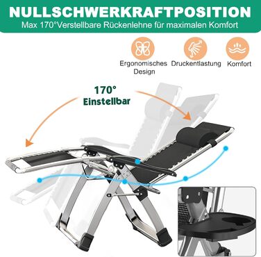 Складаний шезлонг з подушкою, вантажопідйомністю 200 кг, подвійне призначення, сидіння та лежання, регульований для вітальні, балкона, пляжу чи басейну (сірий)