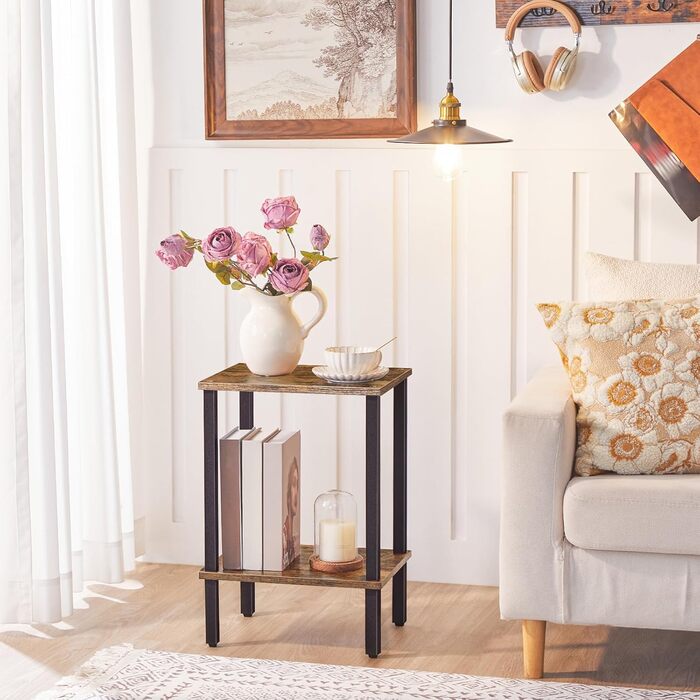 Журнальний столик, маленький столик, вузький журнальний столик, тумбочка з 2 полицями, індустріальний стиль, каркас з дерев&39яного композиту, для вітальні, спальні, офісу, вінтажний коричневий та чорний AETHR7901N1