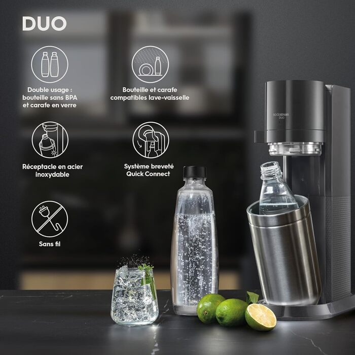 Пакет SodaStream Soda maker DUO з циліндром CO2 Quick-Connect, 2 шт. скляною пляшкою 1 л і пластиковою пляшкою 1 л, яку можна мити в посудомийній машині, висота 44 см, колір титан