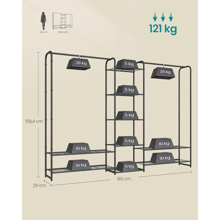 Вішалка для одягу, Відкрита шафа, Вішалка для одягу, Вішалка для пальто з полицями, Металева шафа, Окремостояча, 29 x 183 x 158,4 см, Матовий чорний LGR463B01 183B см Матовий чорний