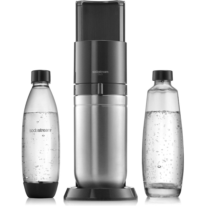 Машина для газованої води SodaStream Duo, з 1 літровою багаторазовою пластиковою пляшкою для води без BPA, скляним графином 1 л для карбонізації та газовим балоном CO2 об'ємом 60 літрів із швидким з'єднувачем, чорна чорна машина