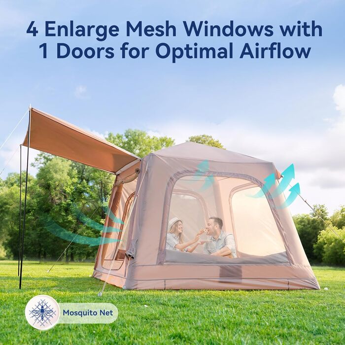 Надувний кемпінговий намет MOPHOTO, водонепроникний, тканина Оксфорд з ручним насосом, просторий, простий у встановленні, надувний кемпінговий повітряний намет для сімейного глемпінгу (2-4 особи)