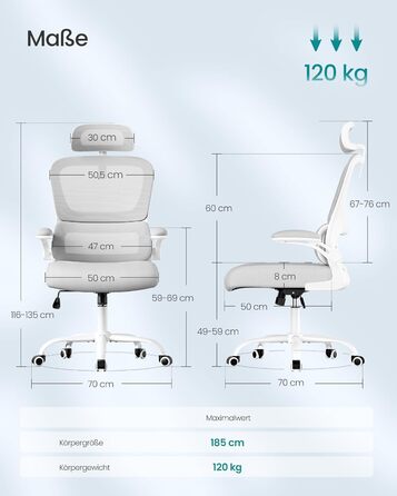 Офісний стілець SONGMICS, стілець для столу, ергономічний сітчастий стілець, з двошаровою сітчастою тканиною, повітропроникний, адаптивна поперекова підтримка, регульований підголівник, для домашнього офісу, колір голубий сірий OBN041G01 з підголівником