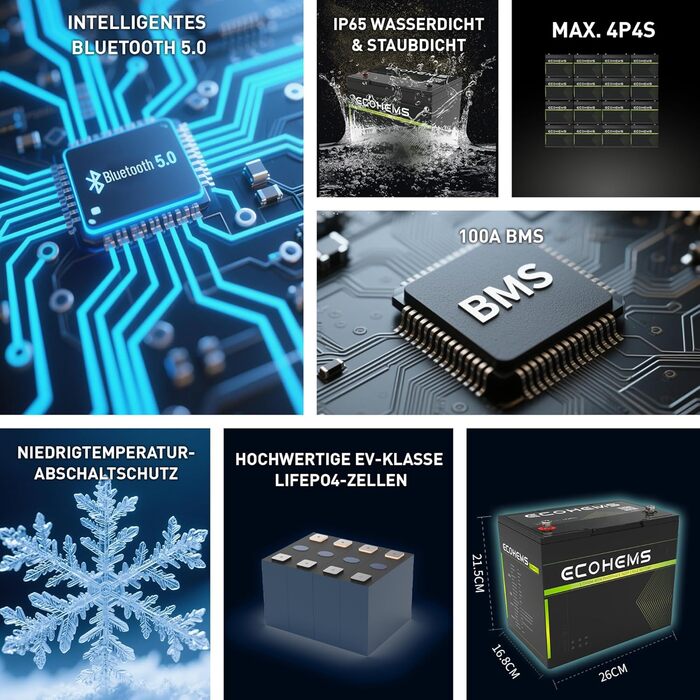 Акумулятори з 100A BMS, 15000 циклів, моніторинг Bluetooth 5.0, легкі та компактні літієві акумулятори для кемперів, човнів, сонячних накопичувачів та автономних систем 12v 300Ah 100AH x3, 3 шт., 12V 100Ah LiFePO4