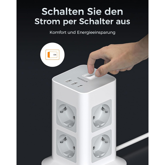 Захист від перенапруги на кілька розеток 3600 Вт 16А, розетка TESSAN 8 відділень USB C з декількома вилками, розетка з подовжуваче