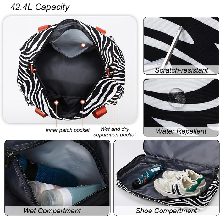 Жіноча спортивна сумка, дорожня сумка, 42,43 л, жіноча спортивна сумка для коротких поїздок з відділенням для взуття та відділенням для вологих речей, велика сумка на вихідні з зебровим та леопардовим принтом, водонепроникна, бежева, A