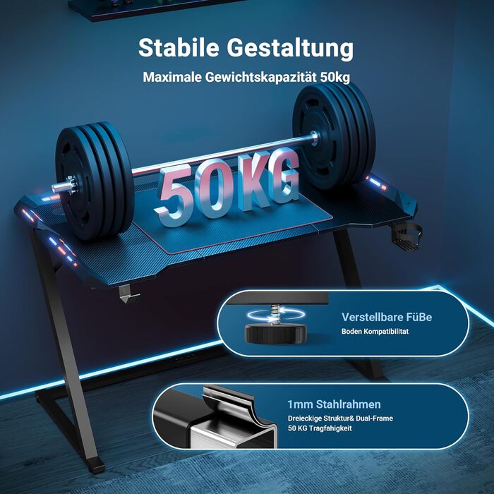 Ігровий стіл Claiks, 100 x 60 см, МДФ / сталь / вуглецеве волокно, чорний