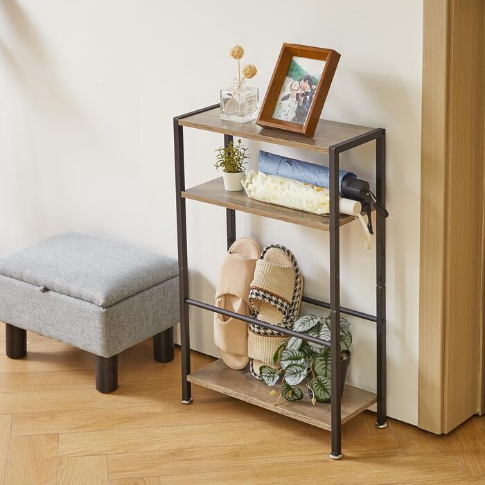 Вузький журнальний столик з поверхнею для зберігання, 3-ярусний вузький журнальний столик з тканинним кошиком, тонкий журнальний столик для вітальні, спальні, кабінету, тумбочки, офісу, світло-сірий дуб YD-TM052Y