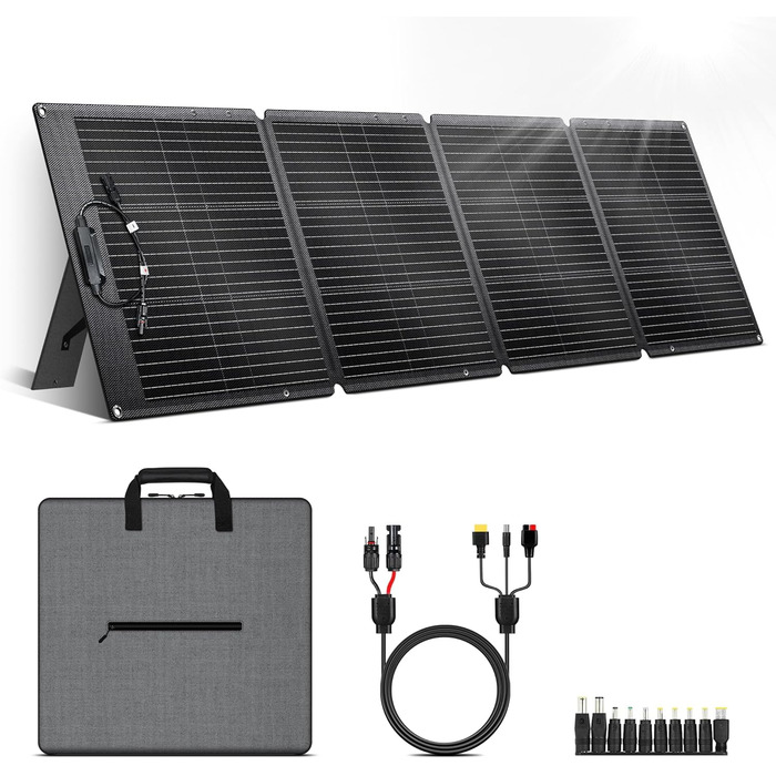 Портативна сонячна панель 200 Вт, комплект складаних сонячних панелей 20,5 В з 10 роз&39ємами, сонячна панель з підставкою, водонепроникний сонячний зарядний пристрій IP65 для кемпінгу, портативна електростанція, ноутбуки, автофургони, 200 Вт чорного коль