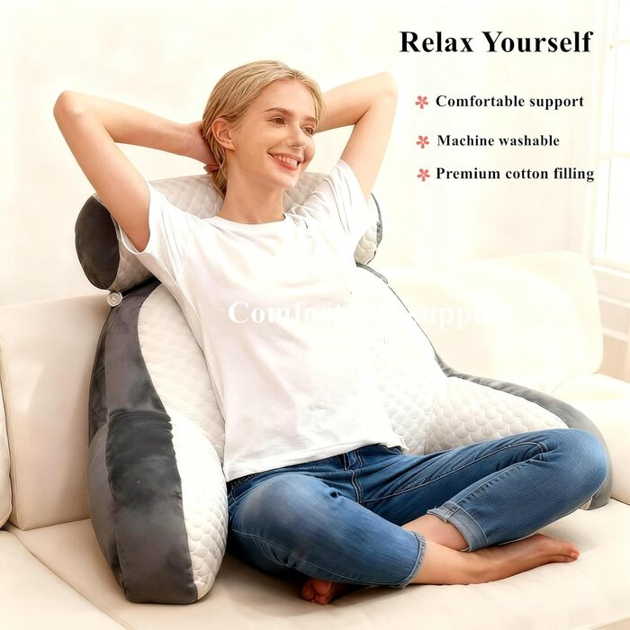 Подушка для спинки ліжка та дивана з підлокітниками. Ергономічна подушка для читання для дорослих. Дихаюча подушка для читання зі знімним чохлом. Для читання та роботи (сірий оксамит, 80 x 60 см). Сірий оксамит 80 x 60 см