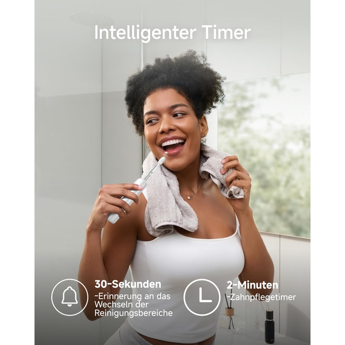 Звукова зубна щітка з 6 режимами чищення та акумулятором на 70 днів, 60 осциляції, контроль тиску, 2 інтелектуальні насадки (ABS Білий)