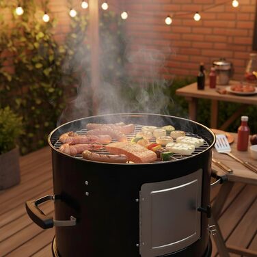 В 1 Димна бочка діаметром 47 см Гриль-бочка, вугільний гриль, вогнище Коптильня з термометром Садовий гриль, гриль-коптильня, піч-коптильня, барбекю, багатофункціональний гриль, круглий гриль, 3