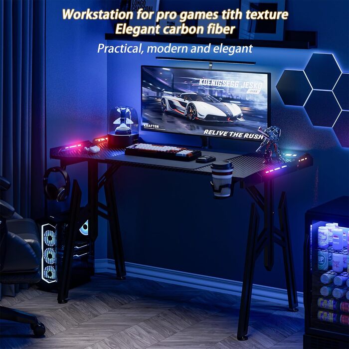 Ігровий комп&39ютерний стіл зі світлодіодним підсвічуванням 160x60 см, чорний, ПК-стіл з підставкою для чашок та гачком для навушників, ергономічний ігровий стіл M-подібної форми, ігровий стіл з вуглецевим волокном для спальні/кабінету, 160x60x73 см