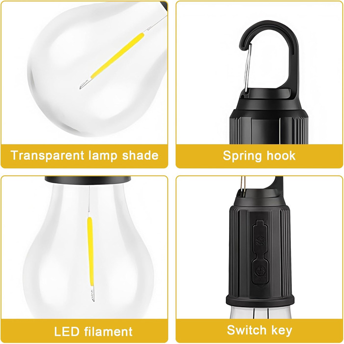 Набір із 4 акумуляторних кемпінгових ліхтарів, ліхтарі для наметів, 3 режими освітлення, акумуляторні лампочки з батареєю, зарядка через USB, міні-світлодіодні кемпінгові ліхтарі, регульована яскравість, зовнішні кемпінгові ліхтарі