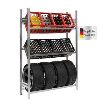 Стійка для ящиків для напоїв та шин PROREGAL CHIEMSEE TIRE, виготовлена в Німеччині ВxШxГ 200x136x43,5 см 6 ящиків 4 шини Оцинкована Стійка для ящиків для напоїв, підставка для шин, гаражна стійка, підвальна стійка для 6 ящиків та 4 шин (широка), оцинкова