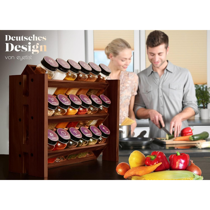Елегантна підставка для спецій з темного дерева, настінна та настінна, 18 баночок для спецій, 25 етикеток, органайзер для спецій, підставка для спецій, кухонна полиця, вінтажна дерев&39яна підставка для спецій - підвісна система підставок для спецій - збе