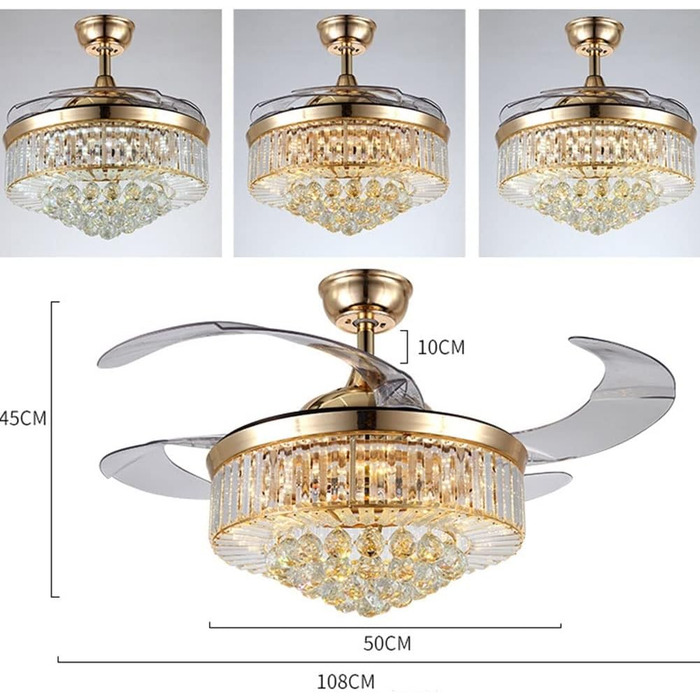 Тихий вентилятор лампа кришталевий стельовий вентилятор зі світлодіодним світлом висувні лопаті вентилятор люстра стельовий вентил