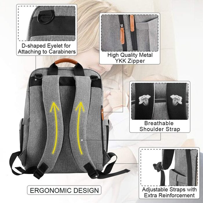 Пеленальний рюкзак Багатофункціональний великий місткий дитячий рюкзак для подорожей і 2 ремені для коляски на ходу 28 л сірий