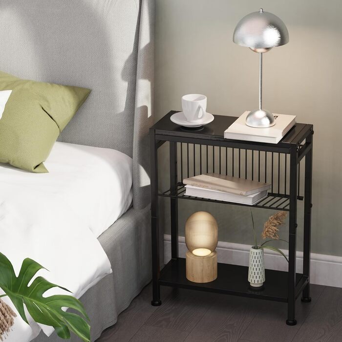 Вузький приставний столик, 3 полиці, вузька тумбочка з підставкою для журналів, приставний столик до дивана, невеликий журнальний столик для вітальні, спальні, кухні та балкону, кабінету (чорний) 1 Чорний