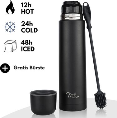 Термос Milu, ізольована пляшка, 1 л, 750 мл, 500 мл - ізольована пляшка для пиття з нержавіючої сталі, 100 герметична, з подвійною ізоляцією (чорна, 1000 мл) 1000 мл чорний