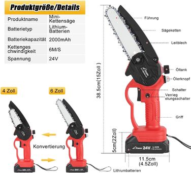 Міні-бензопила WADEO з акумулятором, 6-дюймова та 4-дюймова акумуляторна бензопила з 4 ланцюгами та 2 акумуляторами, одноручна бензопила електрична з маслянкою, ручна бензопила для обрізки гілок та саду