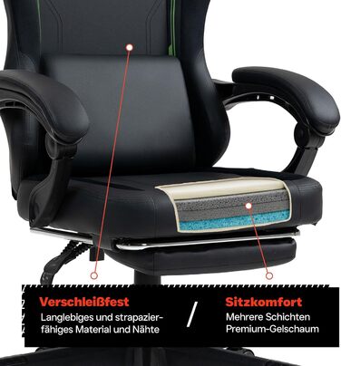 Чорно-зелене ігрове крісло - з підставкою для ніг - ергономічне - з регульованою висотою