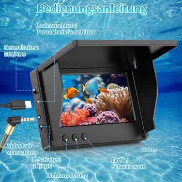 Ехолот для риболовлі з 4,3-дюймовим РК-дисплеєм, 15-метровим водонепроникним кабелем IP68 та 6 ІЧ-ліхтарями нічного бачення, портативна підводна камера для риболовлі на льоду, в озерах, з човнів та каяків 15M, 1080P HD