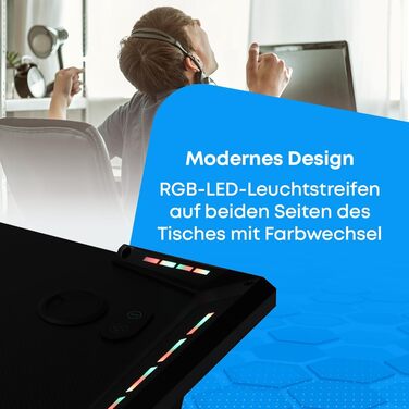 Ігровий стіл NK зі світлодіодним освітленням (120x60 см) - з тримачем для напоїв та пляшок, тримачем для навушників, органайзером для кабелів, стільниця товщиною 1,5 см (максимальне навантаження 100 кг), білий колір