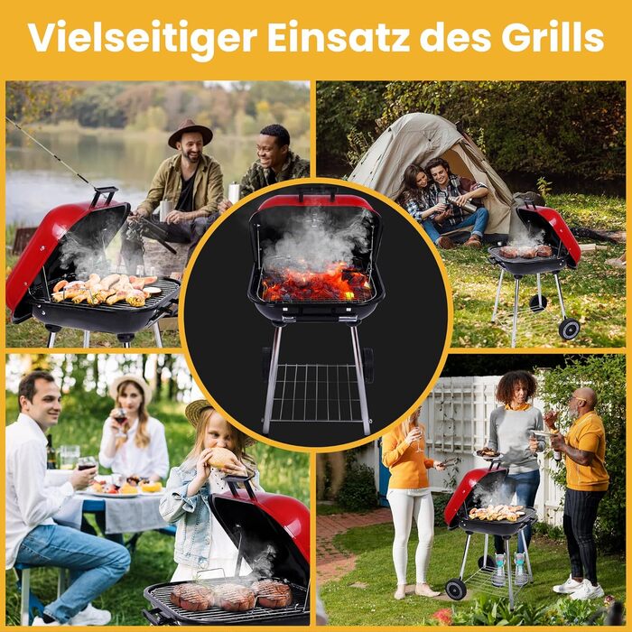 Мобільний вугільний гриль з кришкою на замок та нижньою полицею, на колесах для саду та відпочинку на природі, стаціонарний гриль, кемпінговий гриль, нержавіюча сталь