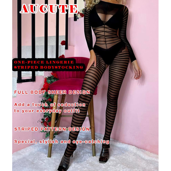 Сексуальний бодістокінг Aucute для жінок, з відкритою інтимною зоною та довгим рукавом, чорний, універсальний розмір