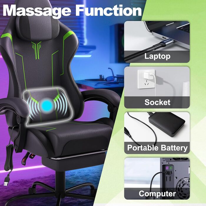 Ігрове крісло з масажем, сіре, ігрове крісло з підставкою для ніг, підголівником та масажною поперековою подушкою, ергономічне офісне крісло, регульована висота для геймерів, ігрова кімната, офіс