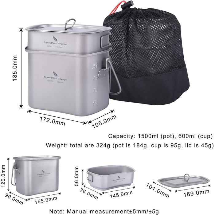 Набір мірних чашок для фляги Boundless Voyage з титану, що використовується у кемпінгових та підвісних кухонних пристроях, у формі нирки, з кришкою та ручками Ti2059C
