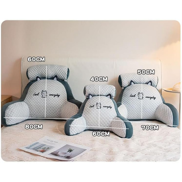 Подушка для спинки ліжка та дивана з підлокітниками. Ергономічна подушка для читання для дорослих. Дихаюча подушка для читання зі знімним чохлом. Для читання та роботи (сірий оксамит, 80 x 60 см). Сірий оксамит 80 x 60 см