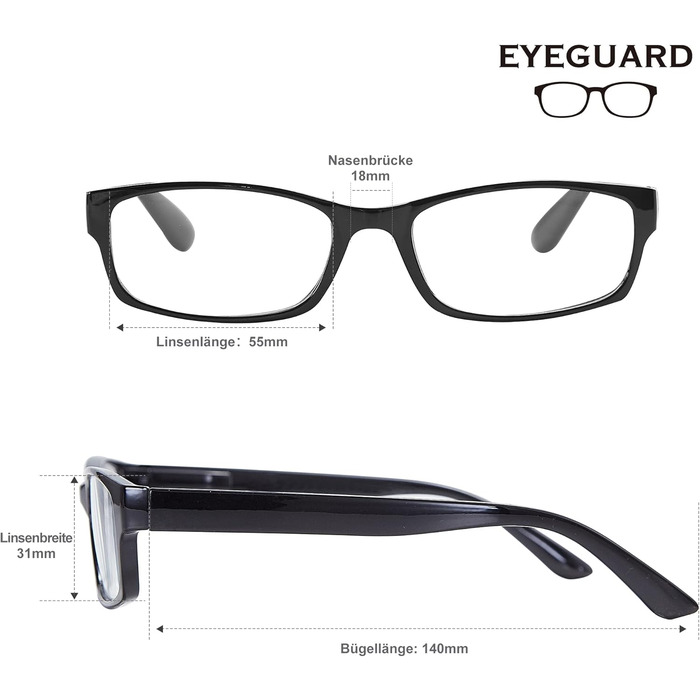 Окуляри для читання EYEGUARD, 4 упаковки прямокутні чорні легкі зручні читачі чоловіки жінки чорні 2.0 діоптрії