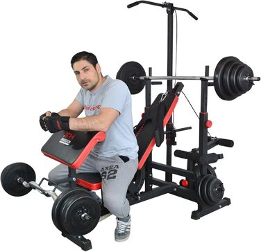 Багатофункціональна силова лава Train Hard з силовою станцією для тяги ширшого хвата, дисками вагою від 90 до 150 кг, штангою та комплектом штанг, що складається зі штанги, гантелей та грифа для згинань рук штанги 100 кг, гантелей та грифа для згинань рук