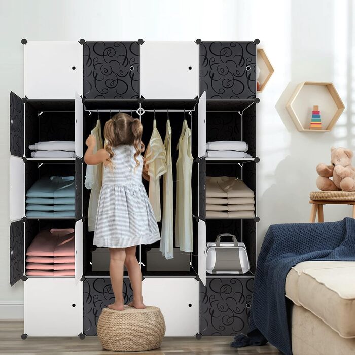 Система полиць для гардеробу HENGMEI з дверцятами, пластик ПП, для зберігання одягу та книг, самостійне складання, вставний стелаж (20 коробок з дверцятами, з 2 рейками для одягу, чорний)