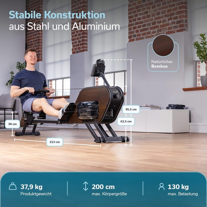Гібридний гребний тренажер Skandika Nemo III Опір воді та магніту, 32 рівні електричного опору, 15 програм, до 200 см, сумісний із додатком, окремостоячий Водний гребний тренажер, домашнє фітнес-обладнання, дерев&39яний