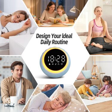 Розумний цифровий будильник з 25 розслаблюючими звуками, нічником, кнопкою повтору будильника, таймером та регульованою гучністю/яскравістю - білий шум для сну для дітей, дівчаток та дорослих у спальні, 12 см, синій