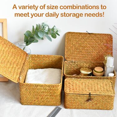 Кошики для зберігання речей, комплект кошиків з ротанга з 3 предметів з кришками, плетені кошики для подарунків, багатофункціональні кошики з морської трави, органайзери для косметики для ванної кімнати, вітальні, кухні