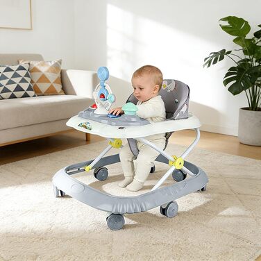 Дитячий вертел 4-в-1 з підносом для музичних занять, 4 регульовані висоти, складні ходунки для дітей від 6 до 18 місяців, вагою до 9 кг (сірий, 58 x 55 x 65 см) Сірий 58*55*65 см
